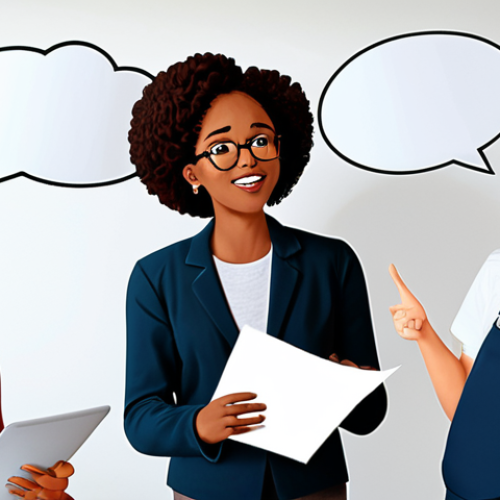 **Team Communication and Openness**: "Create an illustration of a diverse team in a modern office setting, engaged in an open discussion. Show team members sharing ideas enthusiastically, with speech bubbles representing thoughts and insights. Emphasize a sense of collaboration and trust among them."