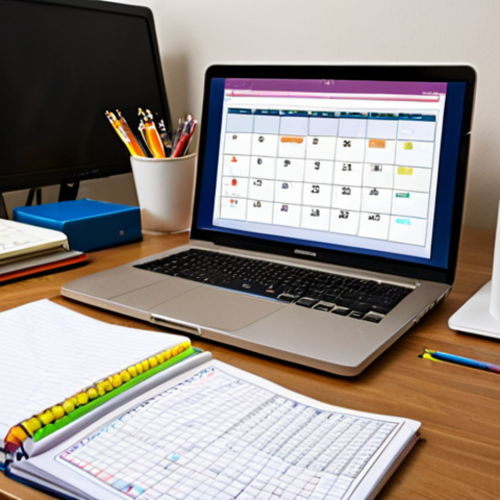**Study Routine Setup**: An organized study space featuring a calendar on a desk, with various study materials like books, flashcards, and a laptop open to an online course platform. The ambiance should convey focus and productivity.