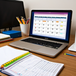 **Study Routine Setup**: An organized study space featuring a calendar on a desk, with various study materials like books, flashcards, and a laptop open to an online course platform. The ambiance should convey focus and productivity.
